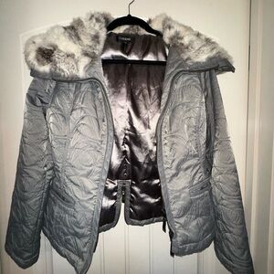 bebe Quilted Silver Puffer Jacket Real Rabbit Fur Hood Size M